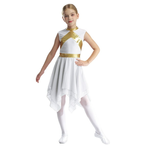 Xnihocha Girl's Praise Dance Tunic Color Block Asymmetrical Overlay Dress Liturgical Worship Lyrical Dance Dress White 10