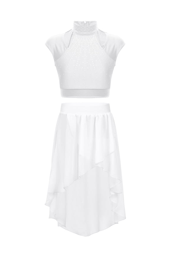 Girls Ballet Lyrical Dance Outfits Jazz Shiny Dance Crop Top+Skirts Gymnastics Skirted Leotard White 10