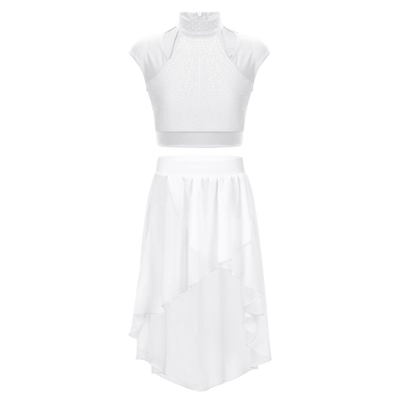 Xnihocha Girls Ballet Lyrical Dance Outfits Jazz Shiny Dance Crop Top+Skirts Gymnastics Skirted Leotard White 10