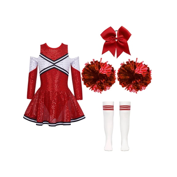 Xnihocha Girls Cheerleading Uniform Dance Costume Crop Top with Skirt Knee Socks Match Pom poms Set A Red 16