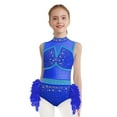 thumbnail image 1 of Xnihocha Girls Feather Skirt Leotard Latin Jazz Dance Bodysuit Rhinestones Color Block Sleeveless Jumpsuit Blue 16, 1 of 7