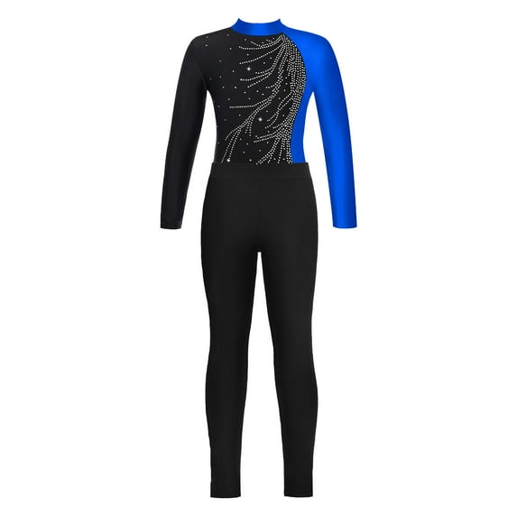 Xnihocha Girls Gymnastics Leotards Dance Outfits Sparkle Bodysuit+Legging Pants Athletic Team Uniform Blue&Black 16