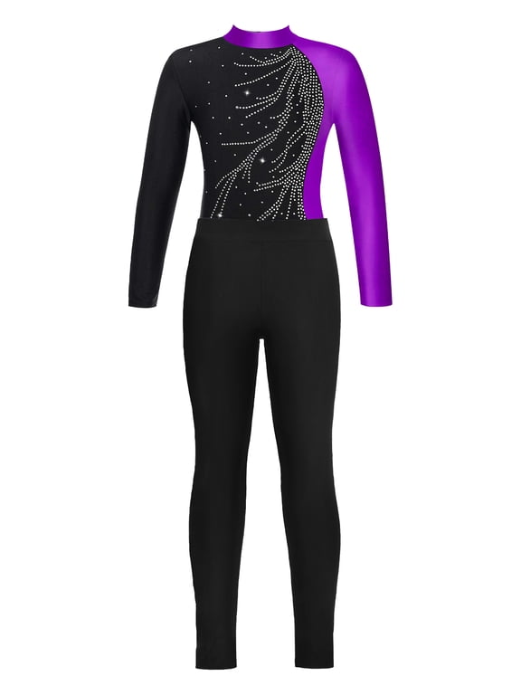 Girls Gymnastics Leotards Dance Outfits Sparkle Bodysuit+Legging Pants Athletic Team Uniform Purple&Black 6