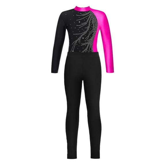 Xnihocha Girls Gymnastics Leotards Dance Outfits Sparkle Bodysuit+Legging Pants Athletic Team Uniform Rose&Black 8