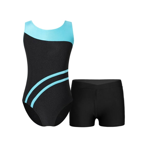 Xnihocha Girls Gymnastics Leotards with Shorts Dance Outfit Contrast Color Ballet Dance Bodysuit Blue Green&Black 4