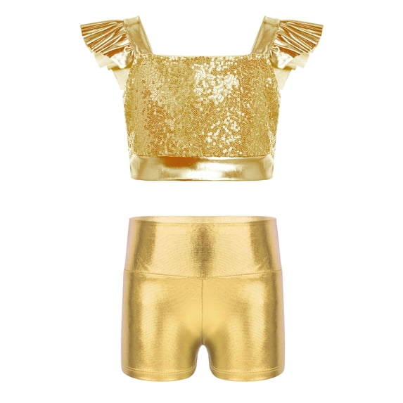 Xnihocha Girls Metallic Crop Tops with Shiny Shorts Cheer Outfit 2 Piece Dance Costumes for Ballet Gymnastics Gold 12