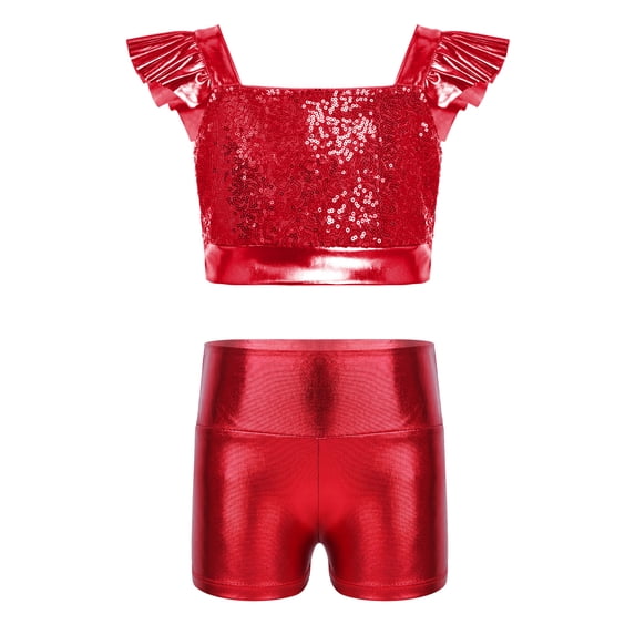 Xnihocha Girls Metallic Crop Tops with Shiny Shorts Cheer Outfit 2 Piece Dance Costumes for Ballet Gymnastics Red 10