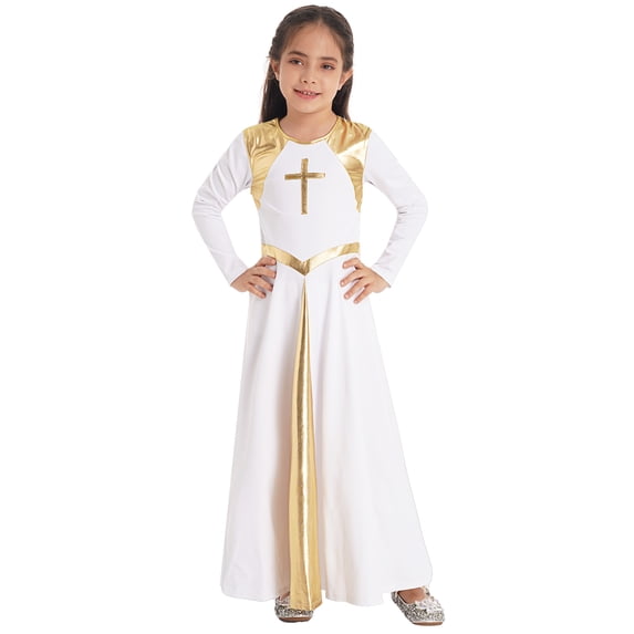 Xnihocha Girls Praise Dance Dress Long Sleeve Split Dresses Liturgical Worship Church Robe Gowns White 6