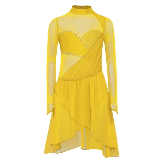 Xnihocha Girls Rhinestones Figure Skating Dance Dress Irregular Hem Lyrical Dance Dresses Competition Yellow 14