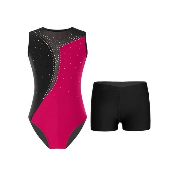 Xnihocha Girls Sleeveless Rhinestone Ballet Leotard with Gymnastic Shorts 2Piece Set Skating Costume Hot Pink&Black 12