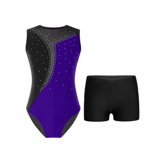 Xnihocha Girls Sleeveless Rhinestone Ballet Leotard with Gymnastic Shorts 2Piece Set Skating Costume Purple&Black 12