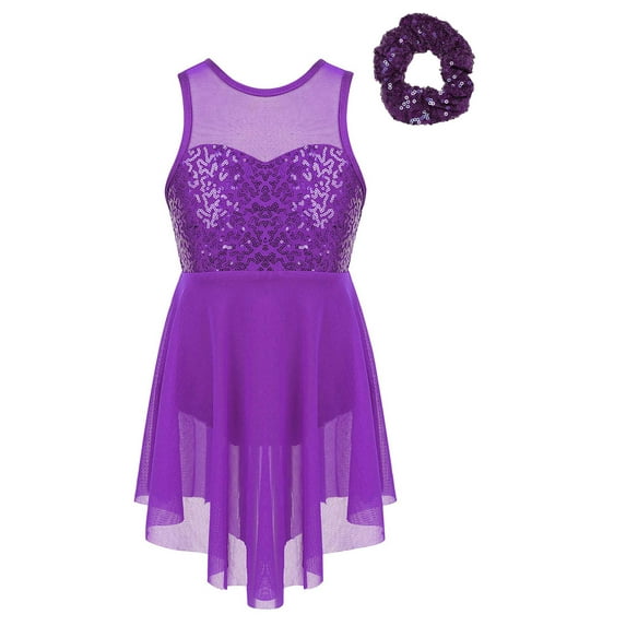 Xnihocha Girls Sleeveless Sequins Mesh Splice Ballet Leotard Dress for Lyrical Modern Dancewear Purple 14