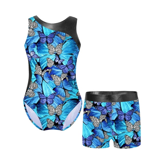 Xnihocha Girls Sleeveless Shiny Gymnastics Leotard with Short Ballet Dance Bodysuit 2Piece Swimsuit Butterfly Blue 14