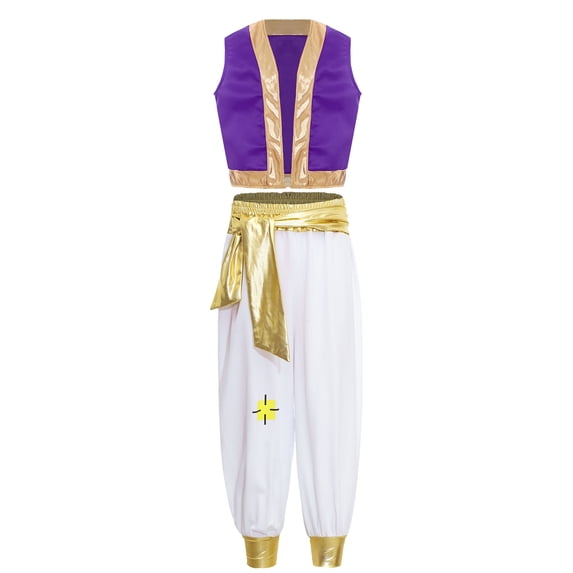 Xnihocha Kids Boys Arabian Prince Outfits Waistcoat with Bloomers Holiday Street Rat Suits Roleplay Dress Up Purple 8