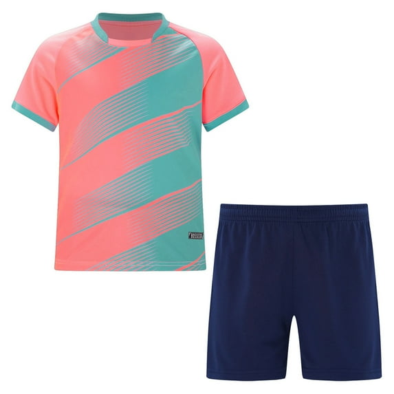 Xnihocha Kids Boys Football Training Uniform Outfit Soccer Jersey Athletic Shirts with Shorts 2 Pcs Pink XS