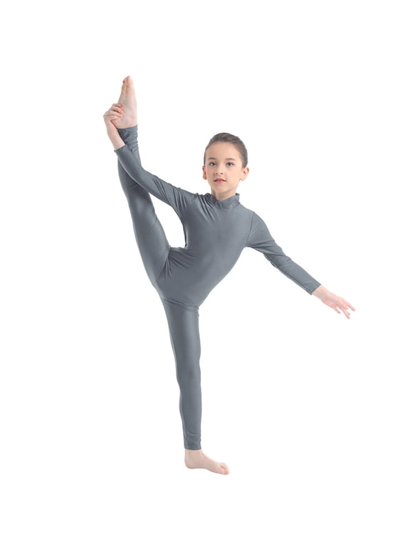 Kids Boys Girls Mock Neck Long Sleeve Unitard Leotard Full Length Body Suit Gymnastics Dance wear Dark Grey 5-6