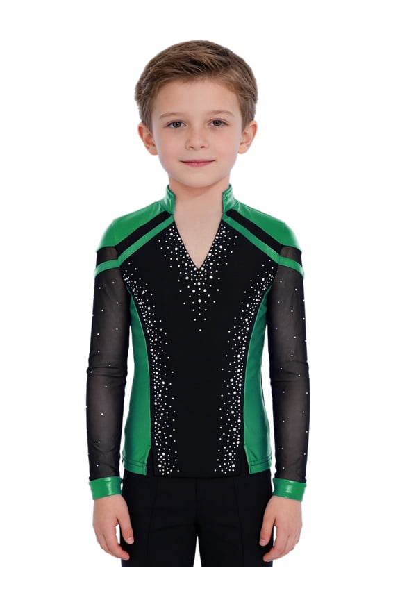 Kids Boys Sparkly Figure Skating Shirt Rhinestones Color Block Long Sleeve Dance Gymnastics Pullover Top Green 12