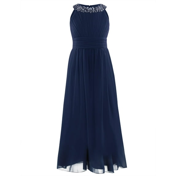 Xnihocha Kids Flower Girl Dress Sleeveless Rhinestone Pageant Wedding Party Chiffon Maxi Ball Gown Dark Navy 8