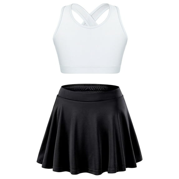 Xnihocha Kids Girls 2pcs Tennis Golf Sports Outfit U Neck Tank Top with Pleated Skort Skirt Set Gym White&Black 14