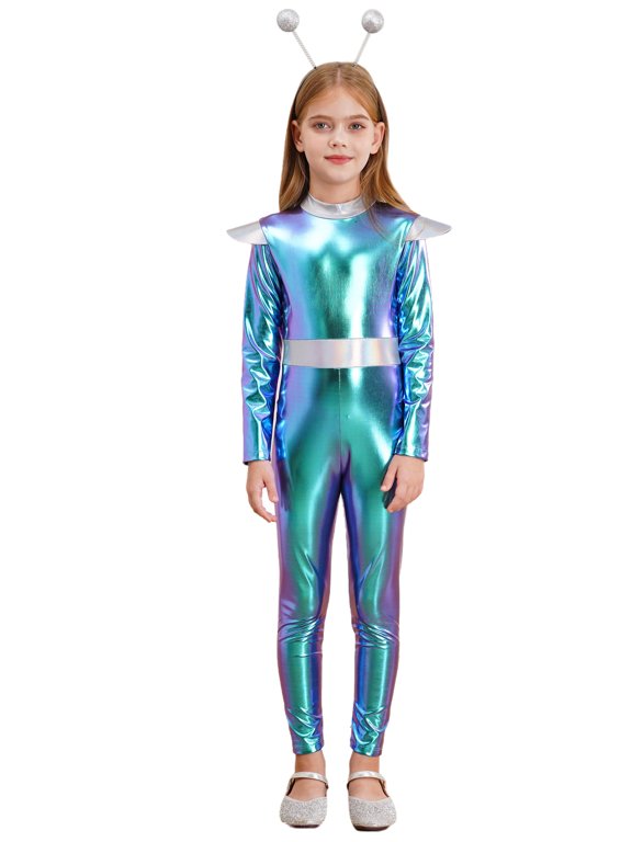 Kids Girls Boys Alien Jumpsuit Outer Space Man Bodysuit with Headwear Fancy Dress Party Outfit Blue 6