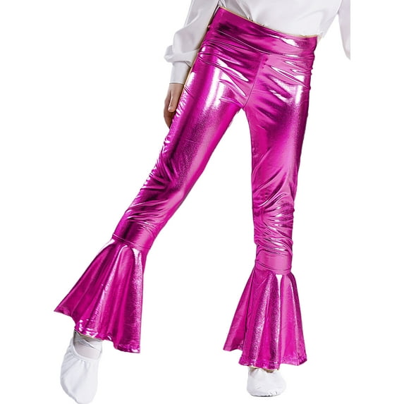 Xnihocha Kids Girls Boys Dance Trousers Pants Shiny Metallic Flared Pants Ruffle Bell Bottom Streetwear Hot Pink 12