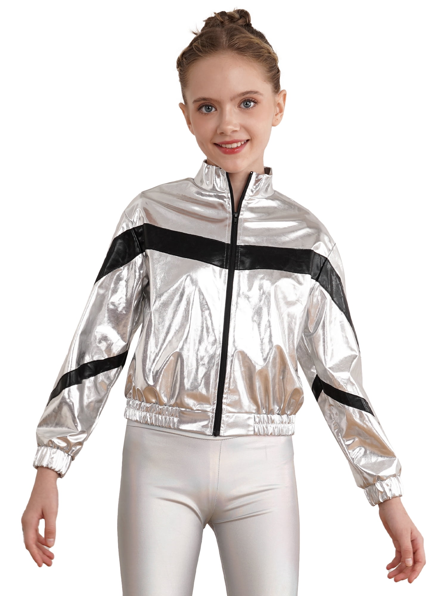 Xnihocha Kids Girls Boys Glossy Metallic Zipper Bomber Jacket Flight Jacket Silver 12