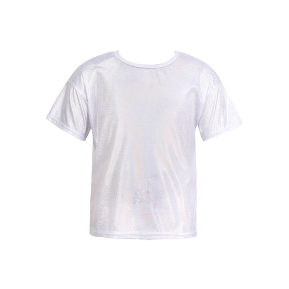 Xnihocha Kids Girls Boys Metallic Hip Hop Jazz Dance Top Athletic T-Shirt Performance Costumes Silver 11-12