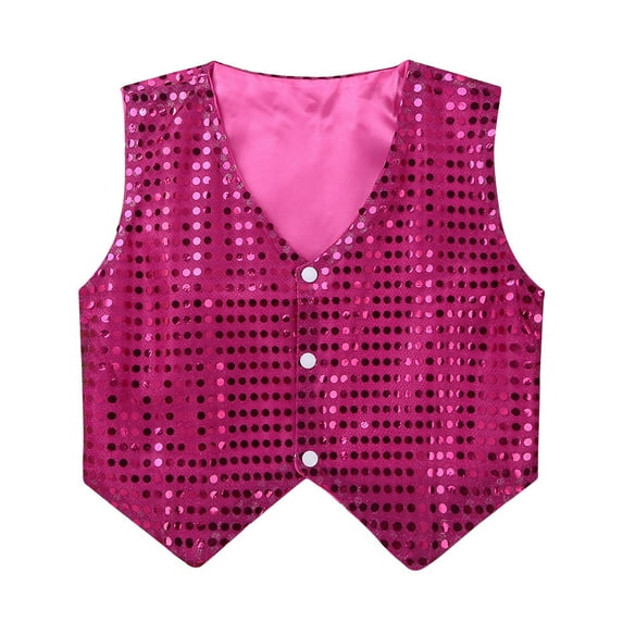 Xnihocha Kids Girls Boys Sequined Hip Hop Jazz Dance Disco Party Costume Vest Waistcoat Jacket Top Rose Red 7-8