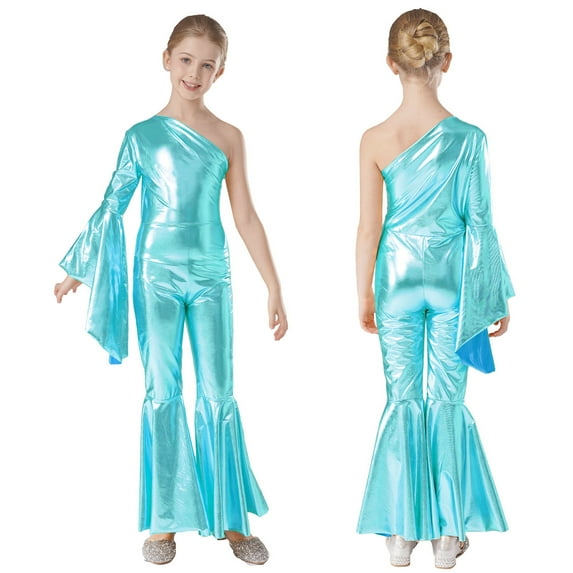 Xnihocha Kids Girls Disco Costume One Shoulder Bell-bottom Party Disco Jumpsuit Jazz Hip Hop Dance Leotard Blue 12