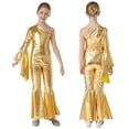 thumbnail image 1 of Xnihocha Kids Girls Disco Costume One Shoulder Bell-bottom Party Disco Jumpsuit Jazz Hip Hop Dance Leotard Gold 12, 1 of 6