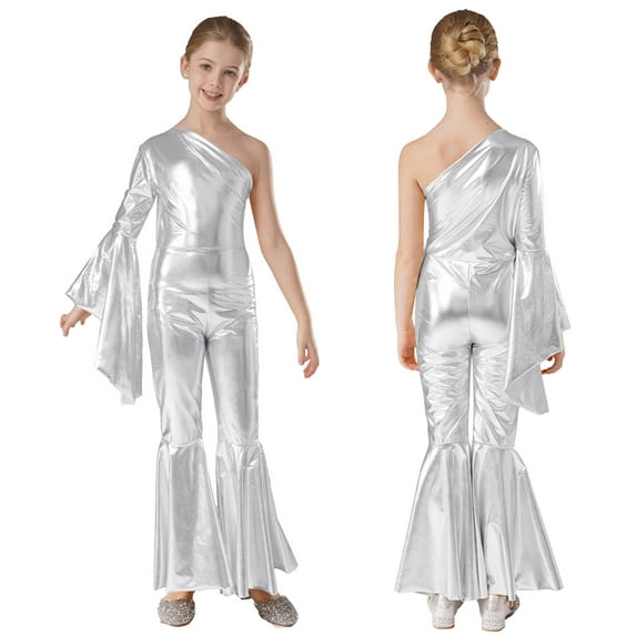 Xnihocha Kids Girls Disco Costume One Shoulder Bell-bottom Party Disco Jumpsuit Jazz Hip Hop Dance Leotard Silver 10