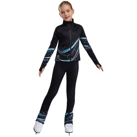 Xnihocha Kids Girls Figure Ice Skating Suit Warm Jacket and Pants Set 2 Piece Sport Dance Outfits Tracksuit Blue 14