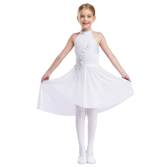 Xnihocha Kids Girls Figure Skating Dress Shiny Ballet Leotard Skirt Lyrical Contemporary Dance Dress Ivory 6