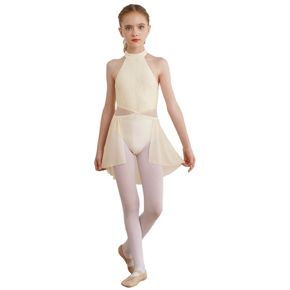 Xnihocha Kids Girls Floral Lace Halter Neck Sleeveless Ballet Leotards Lyrical Dance Dress Costume Champagne 10