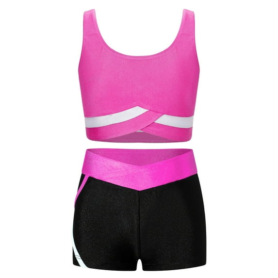 Xnihocha Kids Girls Gymnastic Ballet Dance Outfits Sleeveless Crop Tops and Booty Shorts Tracksuits Hot Pink 16