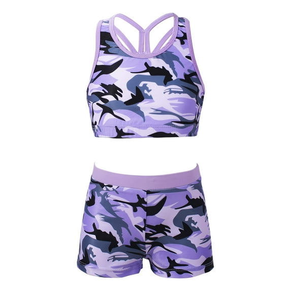 Xnihocha Kids Girls Gymnastics Dance Sports 2 Piece Outfit Racer Back Crop Top with Booty Shorts Camouflage Purple 10
