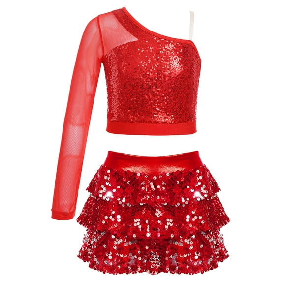 Xnihocha Kids Girls Hip Hop Jazz Dance Outfits 2 Piece Sequin Crop Top with Metallic Tiered Skirts Red 16