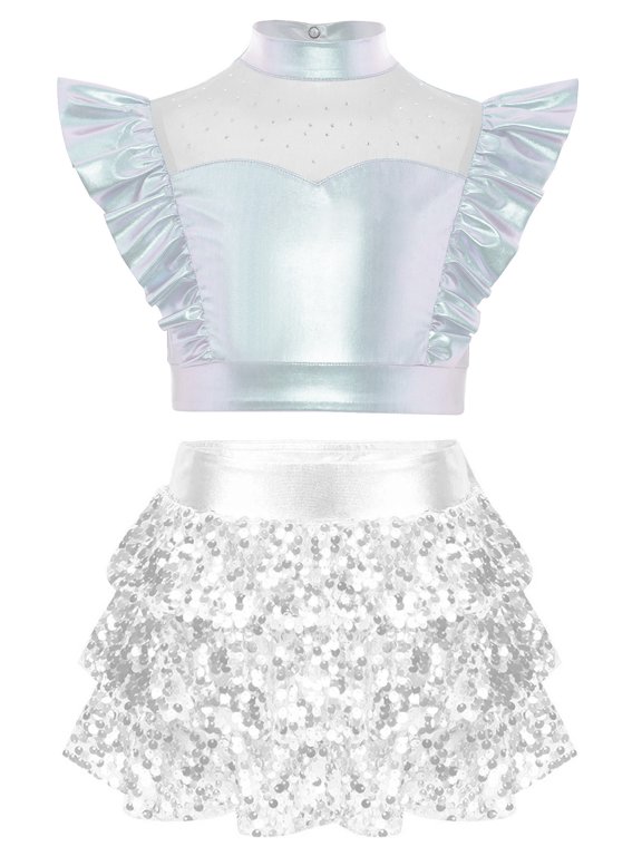 Kids Girls Jazz Dance Outfit Sleeveless Metallic Ruffle Crop Top with Shiny Sequins Tiered Ruffled Culottes Silver 8