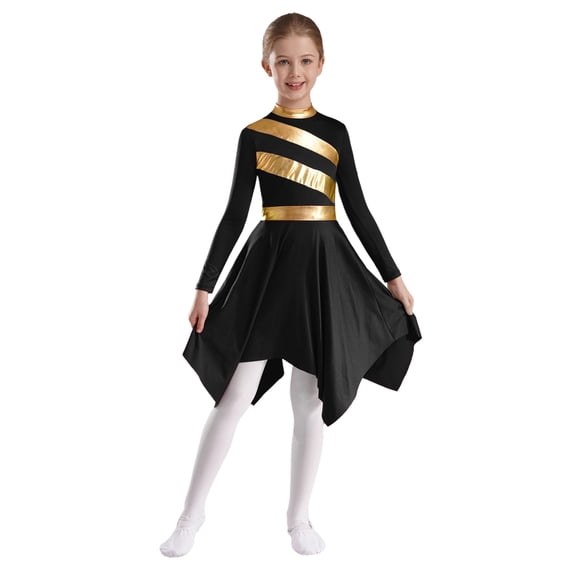 Xnihocha Kids Girls Liturgical Worship Dress Long Sleeve Praise Stripe Dance Dress Tunic Asymetrical Robe Black 6