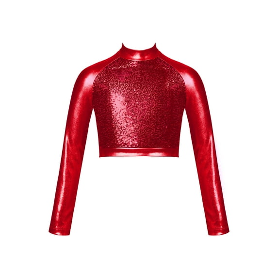 Xnihocha Kids Girls Long Sleeve Mock Neck Dance Crop Top Sequin Modern Hip Hop Jazz Costume Tank Top Red 14