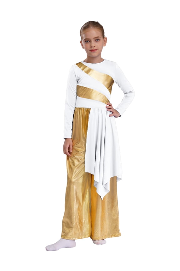 Kids Girls Lyrical Praise Dance Jumpsuit Metallic Worship Wide Leg Pants Rompers Liturgical Robe Dress White 6