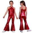 thumbnail image 1 of Xnihocha Kids Girls Metallic Dance Outfit Sleeveless Fringe Jumpsuit Flare Bell Bottom Pants 70s Disco Party Overalls Red 16, 1 of 6