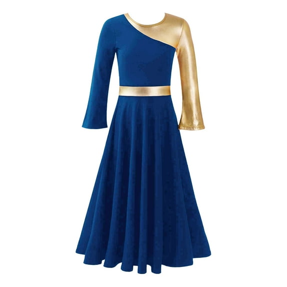 Xnihocha Kids Girls Metallic Full Length Liturgical Praise Lyrical Dance Dress Worship Church Robe Royal Blue 14