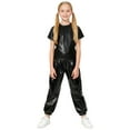 thumbnail image 1 of Xnihocha Kids Girls Metallic Jazz Dance Outfit Short Sleeve Sparkly T-shirt and Pants Shiny Hip Hop Dancewear Black 130, 1 of 7