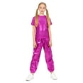 thumbnail image 1 of Xnihocha Kids Girls Metallic Jazz Dance Outfit Short Sleeve Sparkly T-shirt and Pants Shiny Hip Hop Dancewear Hot Pink 130, 1 of 7