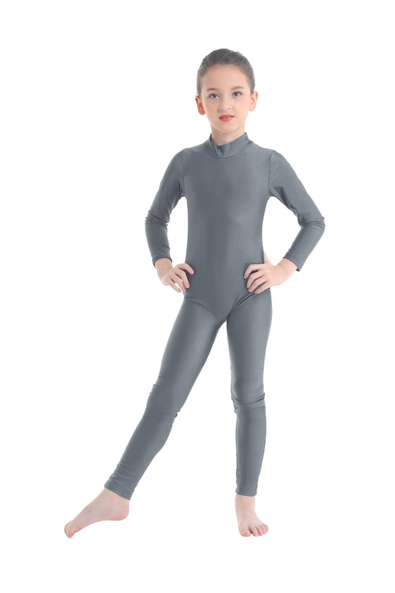 Kids Girls Metallic Teamwear Uniform Full Body Unitard Jumpsuit Leotard for Gymnastic Dance Dark Grey-A S