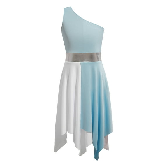 Xnihocha Kids Girls One Shoulder Color Block Praise Dance Dress Tunic Sleeveless Lyrical Liturgical Worship Robe Light Blue 10