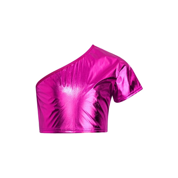 Xnihocha Kids Girls One Shoulder Tops Sparkly Dance Crop Tank Gymnastics Ballet Tee Shirts Hip Hop Hot Pink 140