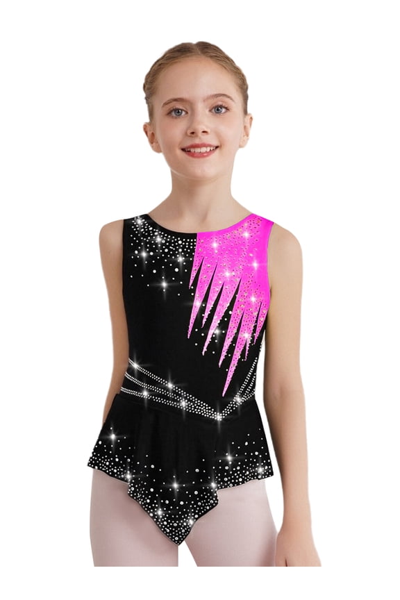 Kids Girls Rhythmic Gymnastics Bodysuit Ballet Leotard Activewear Lyrical Dance Tank Unitard Hot Pink 6