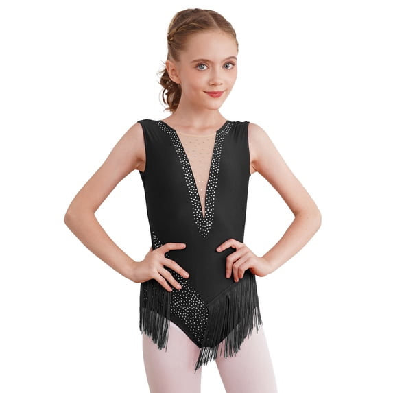 Xnihocha Kids Girls Rhythmic Gymnastics Leotard Deep V Back Shiny Rhinestone Tassels Dance Bodysuit Black 6